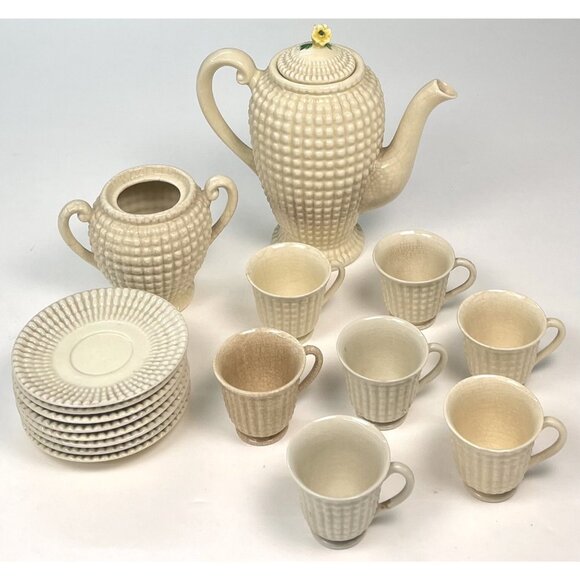 VTG 18pc MARUHON WARE Ivory Hobnail TEA SET 8 Saucers 7 Cups Teapot Sugar *READ* - Picture 1 of 16